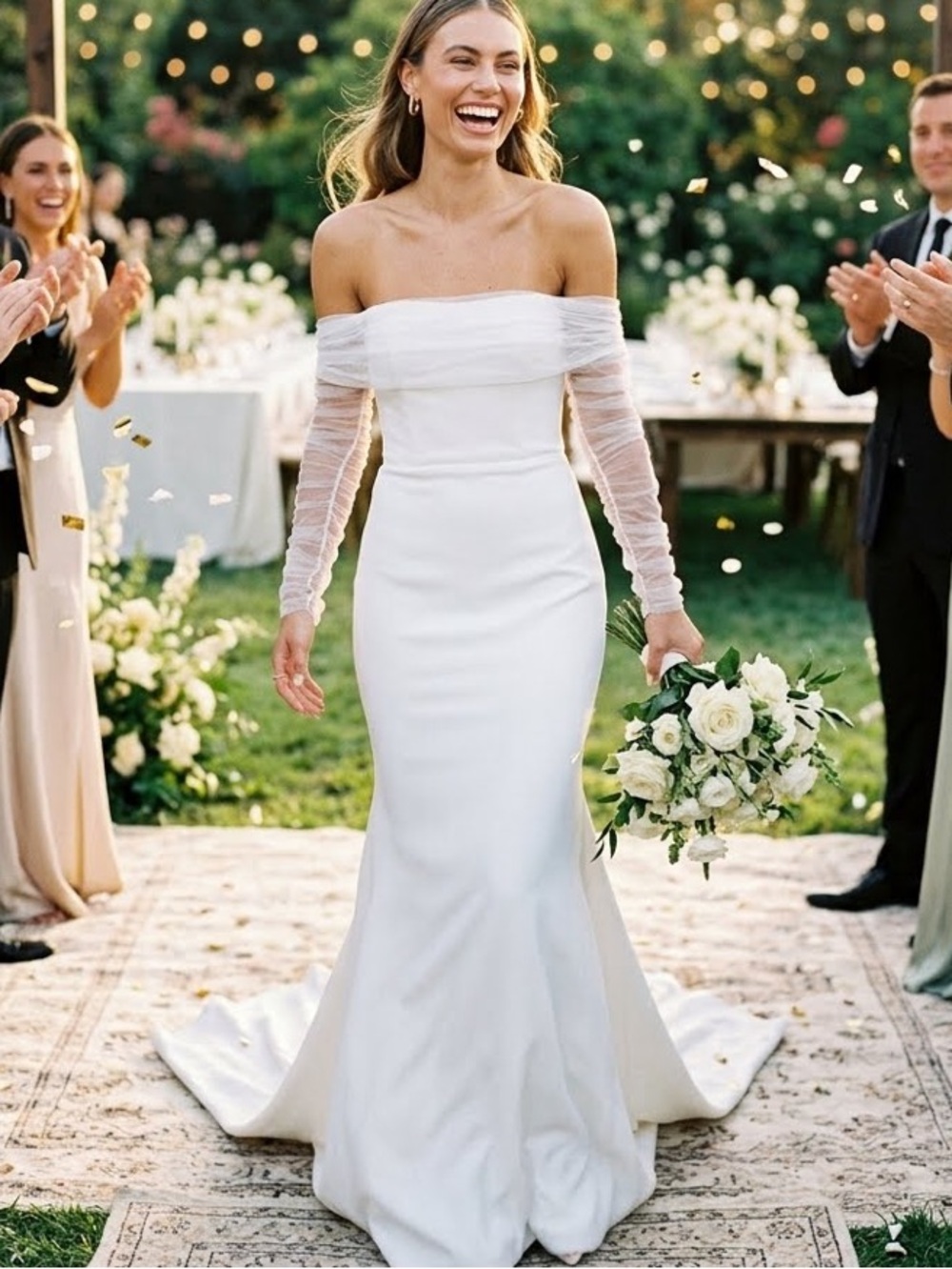 New Lulus Beautifully Beloved Elegant Off-Shoulder Gown  Long Sleeves Sz XL